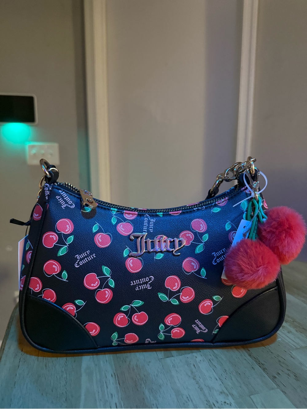 Juicy Couture Black Cherry Print Shoulder Bag with charm